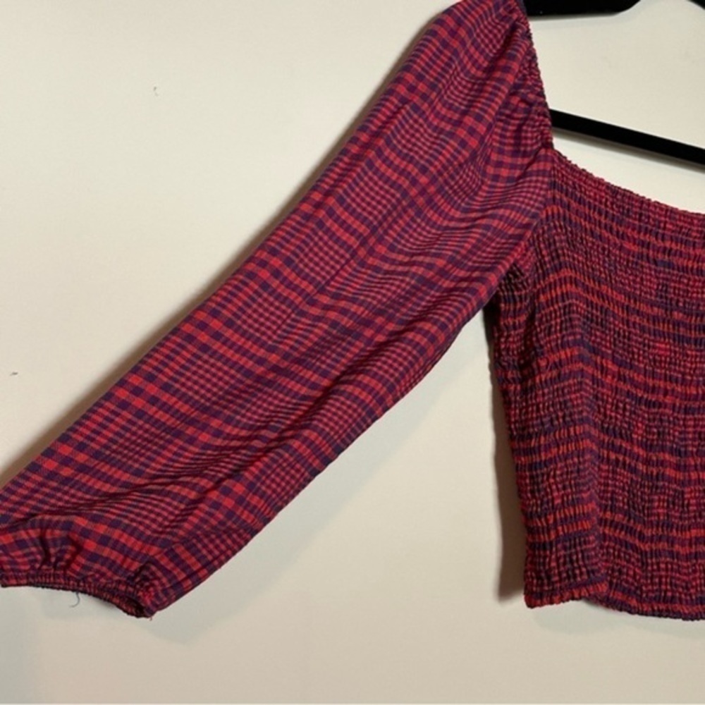 Blue & Red Checkered Long-sleeve Crop Top - Picture 5 of 12